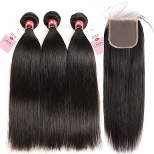 Peruvian Straight Human Hair Bundles With Closure